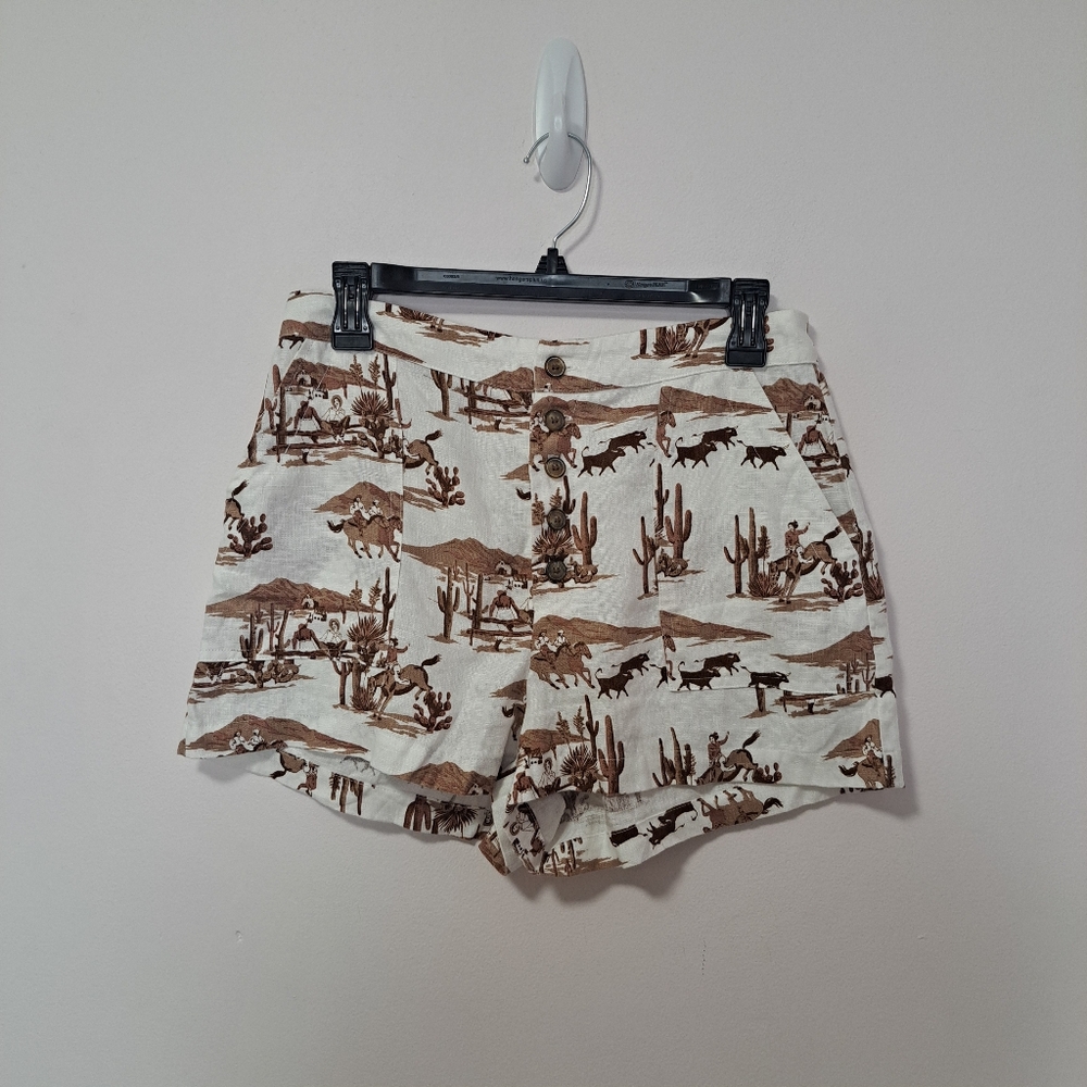 Reformation Cream and Brown Desert Print Shorts